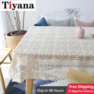 Pads Vintage Cotton Linen White Lace Crochet Tablecloth Rectangle Table Cloth Hotel Textile kitchen Decor Table Runner Placemat Cover