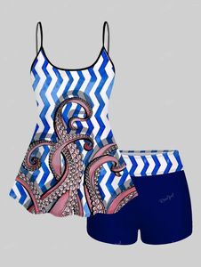 Moda de banho feminina Plus Tamanho Octopus Stripes impressão boyshorts tankini maiô feminino de verão de verão