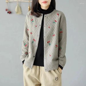 Women's Jackets Plaid Short Women Autumn Winter Cherry Embroidery Literary Casual Sweatshirt Large Size Top Baseball Clothing Warm Soft