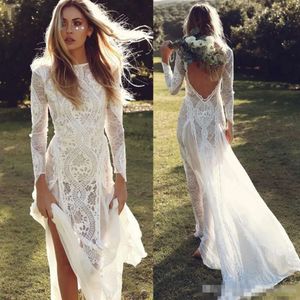 Backless Sleeves Sexy Lace Dresses Jewel Long Neck Boho Custom Made Plus Size Sweep Train Beach Wedding Bridal Gown