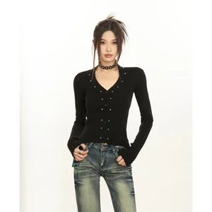 Magliette da donna coreano 2024 Spring Design Donne Black Black Black Cardigan V-Slim Slim Miti a manica lunga Pullover a maglia Simpuca di moda Gothic