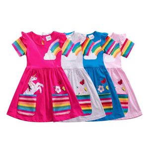 Girl's Dresses Girls Short Sleeve Dress New Summer Embroidered Two Pockets Rainbow Sleeve Childrens SH81035L2405