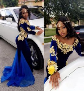 Royal Blue Off Shoulder 2k17 Prom Dresses With Gold Lace Appliques Long Sleeve Mermaid Evening Gowns African Chiffon Train Party D1401264