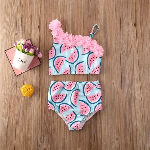 Swimwear 15Years Toddler Baby Girls Swimsuits Watermelon Print One Shoulder Flower Strap Sleeveless Bikini 2023 Girl Summer Swimwear