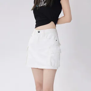 Skirts 2024 Summer Korean Style A-line Denim Skirt With Large Pockets High Waist And Anti-light White Short For Women