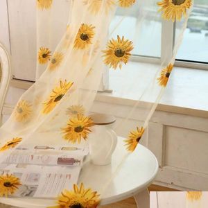 Curtain Sunflower Pattern Tle Home Decor Voile Kitchen Balcony Room Floral Window Blind Sning Patio Decoration Drop Delivery Garden Dhbgx