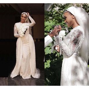 Meerjungfrau Dubai Kleider Arabisch 2021 mit Überwachung Spitze Langhülle maßgeschneiderte Juwelenhals Perlen Hochzeit Brautkleid Vestidos