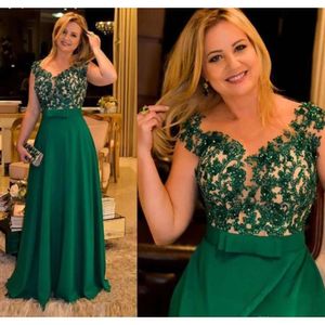 Abiti di pizzo della madre taglia 2020 Green Plus Applique perline Scollo Cappellino Maniche in chiffon Lunghezza abiti da sera realizzati su misura