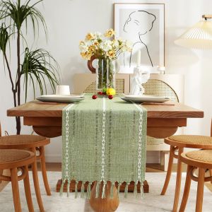 Kuddar Rustik Linen Table Runner med handgjorda Tassel, Herstitched Brodery Farmhouse Style Runners för fest och matsal