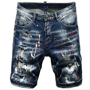 Men's Jeans Mens summer blue shorts jeans holes denim shorts paint casual street clothing Jeasn shorts high-quality mens slim fit elastic jeans 38L2405