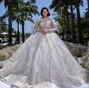 Sparkle Ball Gown Wedding Dress 2024 Long Illusion Sleeve Scoop Neck Sequins Beaded Bride Dresses Arabic Bridal Gown Custom Made Vestidos De Noivas