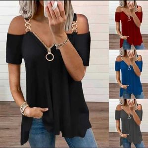 Women's T-Shirt New fashion womens summer casual loose shirt chain cold shoulder pure black short sleeved T-shirt sexy solid color V-neck topL2405