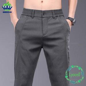 Brand Clothing Spring Summer Thin Stretch Lyocell Fabric Mens Casual Pants Slim Elastic Waist Business Grey Trousers Male 240429