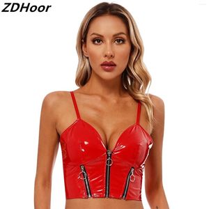 Women's Tanks Womens Glossy Patent Leather Crop Top Deep V Neck Front Zipper Backless Sling Vest Sexy Camisole For Nightclub Party