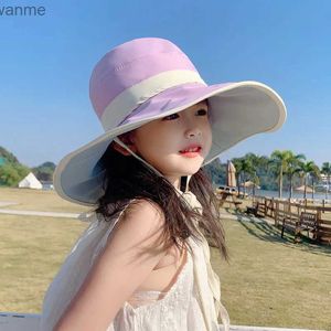 Caps Hats Korean style new childrens cute baby color matching rope protection summer large Brim sun hat WX