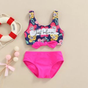 Swimwear 26y Baby Girls Bikini Sets Blumendruck ärmellose Knoten Badeanzug Kleinkind Beachwear Kinder Badeanzug 2022 Neu