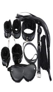 7in1 BDSM Bondage Gear Sex Restraints Kit Fetish Handcuffs Ankle Cuffs Mouth Gag Spanking Whip Slave Collar Blindfold BLACK FURR9346553