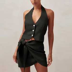 Vestidos de trabalho Conjuntos de saia de linho para mulheres 2 peças botão com colete sexy Halter Top Streetwear