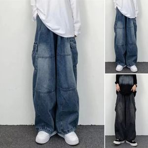 Män baggy jeans blixtlås fluga höst avslappnad fit mitt midja denim byxor vintage last för semester 240426