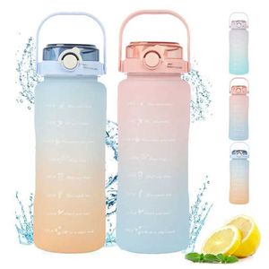 Tumblers 2L Frosted Sports Water Bottle Motivational Time Marker Drinking Bottles Large Capacity Gradient Plastic Cup For Outdoor H240506