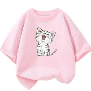 Tシャツの女の子の服2024夏のファッションTシャツの楽しみとかわいい猫の子猫のプリント短袖の子供夏服を