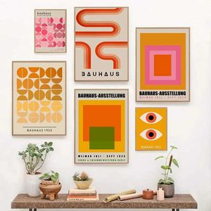 トラクトピンクオレンジバウハウス幾何学ポスター印刷画像北欧のシンプルなラインカラーブロック壁アートルームキャンバスペインティング装飾J240510