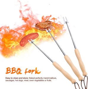 Accessories 80Cm Barbecue Skewers Stainless Steel Wooden Handle Long Campfire Telescopic Extendable BBQ Fork Barbecue Accessories