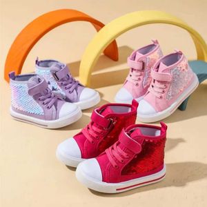 스니커즈 Zapatillas Childrens High Top Canvas 신발 가을 New Squin Princess Girls 캐주얼 패션 스케이트 보드 스포츠 Q240506