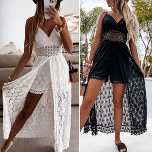 Summer Long Dress White Women Jumpsuit Sexy Shorts Playsuit Lace Hollow-Out Sleeveless for Vacation High Waist Rompers 240422