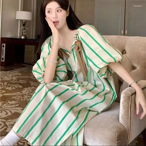 Frauen Nachtwäsche Limiguyue hochwertige Kontrast Farbe Grüne Streifen Nachthemd Sommer Baumwoll Nachthemen Schnürung kausal lose Frauen