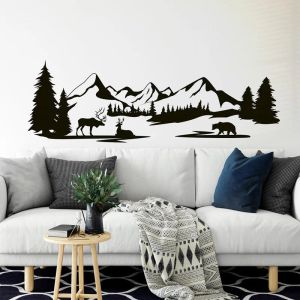 Klistermärken Woodland Wall Decal Pine Tree Mountain Bear Moose Forest Wall Vinyl Sticker Mountain Landscape Decal Nursery Room Decor 2190