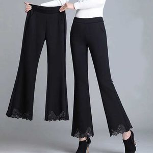 Women's Pants Capris Woman Splicing Lace Fashion Trousers Spring Autumn Thin Office Lady Pocket High Waist Elastic 4XL Loose Female Flare Pants 2022 Y240504