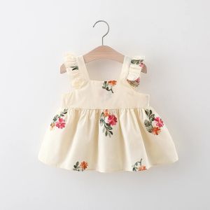 Klänningar Baby Girl Summer Dress med flygande ärmar Små blommor Broderi Solid bomullsklänning (03 år)