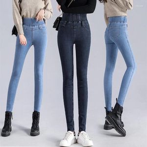 Kadın kot pantolon artı ince boyutu elastik yüksek bel denim kalem pantolon sıska streç anne siyah mavi moda kadın dipleri