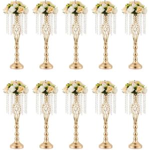 Decorações de mesa de casamento - 10 PCs Vaso de ouro para peças centrais com cristais de lustre 21,7 pol.