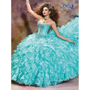 Fishbone Sweet Pageant Girls Flaring Quinceanera 16 ruffle Organza Ball Gown Gown Платье для вечеринки на дюйме на день рождения.