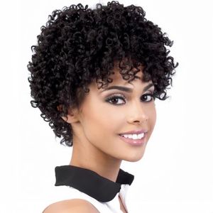 Korta lockiga peruker för svarta kvinnor Human hår Afro naturlig svart peruk Brasiliansk jungfru pixie klippt peruk människohår med lugg 150% densitet ingen spets främre bob peruker 1b färg