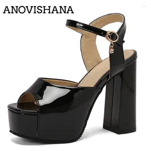 Sandali anovishana eleganti donne in punta aperta da 12 cm tallone a blocco spesso 4 cm piattaforma caviglia alla caviglia di grande dimensione 48 49 50 oro bianco nero