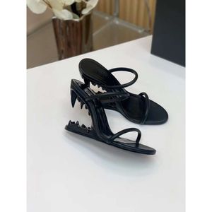 2024 New Round Head One Step Fang Teeth Multi color High Heel Slippers with Open Toe Hollow Shaped Heels for Women in Large Sizes