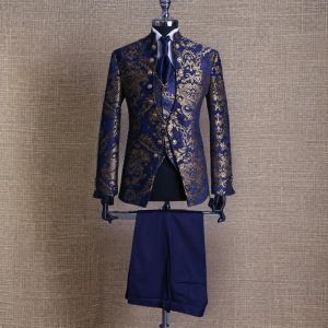 Blazer Floral Jacquard Men Suits for Wedding Double Breasted Groom Tuxedo with Stand Collar 3 Piece Italian Formal Ocn Dress