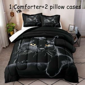 Täcke täcker 3st mode svart katt tryck sängkläder, mjuk bekväm och hudvänlig tröstare för sovrum, rum (1*tröstare + 2*kudde, utan kärna)