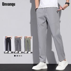 Unvanqu Summer Thin Ice Silk Pants Menファッションカジュアルソフト通気性ズボン弾性ウエストスモールストレートオーバーオール男性240428