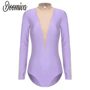 Scene Wear Women Rhinestones Dance Ballet Leotards Mesh Patchwork Långärmad bodysuits för gymnastik Figur Skating Competition Dancewear