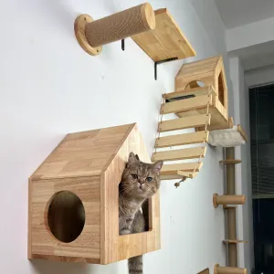 Scratchers Cat Wall Mounted Solid Wooden Furniture Climbing Ladder and Cat Hammock with Scratching Post for Activity Indoor Cats Perches