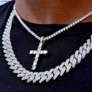 2pcs/Set Eced Cross Anhänger Tenniskette Gold Halskette für Männer mit 14 mm Miami Cuban Link Chain Halsketten Hip Hop Schmuck Geschenk