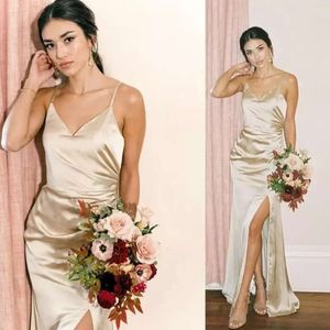 Dresses Elastic Satin Champagne Bridesmaid Spaghetti Straps Floor Length Side Slit Sheath Custom Made Maid Of Honor Gown Country Wedding Guest Wear