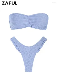 Kvinnors badkläder Kvinnor baddräkt texturerad bandeau snör upp ruched ruffle thong high ben bikini set woman two piece kvinnlig strandkläder