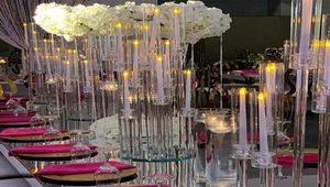 Party Decoration Whole 10 Arms Long Stemmed Modern Clear Acrylic Tube Hurricane Crystal Candle Holders Wedding Table Centerpie8756913