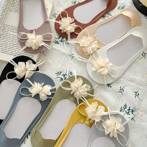 Women Socks Breathable Flower Casual Soft Elastic Ice Silk Boat Invisible Comfortable Bow Hosiery Summer