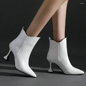 Buty czarne morel białe kobiety kostki sztuczne skórzane cienkie na wysokim obcasie Krótkie poślizg na okrągłym palcach kobiet duży rozmiar 43